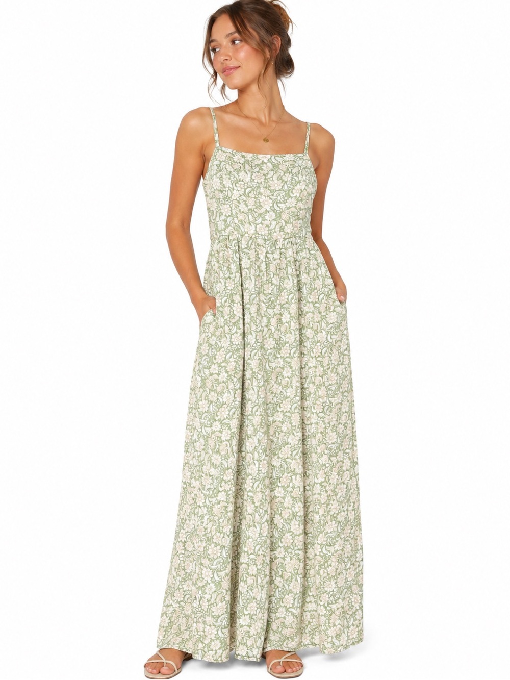 As U Wish Sage Green Floral Smocked Maxi Dress